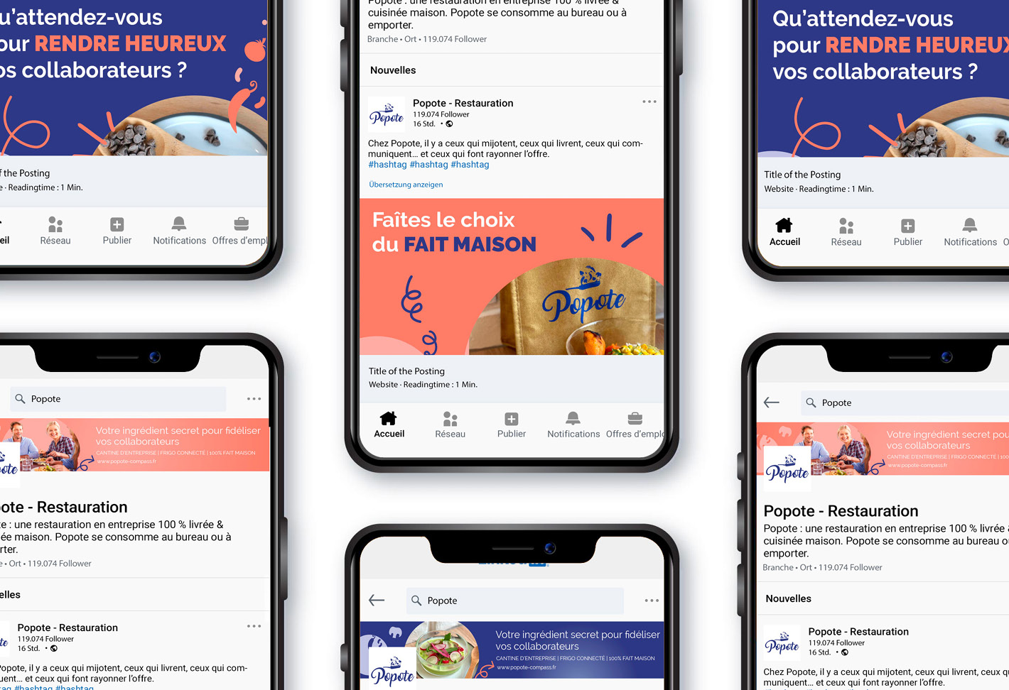 Ecrans avec bannières et posts LinkedIn